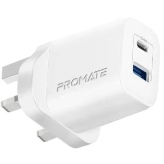 Promate BiPlug-2 17W High-Speed Dual Port Wall Charger, UK-White