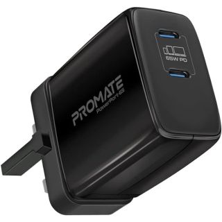 Promate 65W Super Speed GaNFast Charging Adapter with Dual USB Ports Wall Charger, PowerPort-65